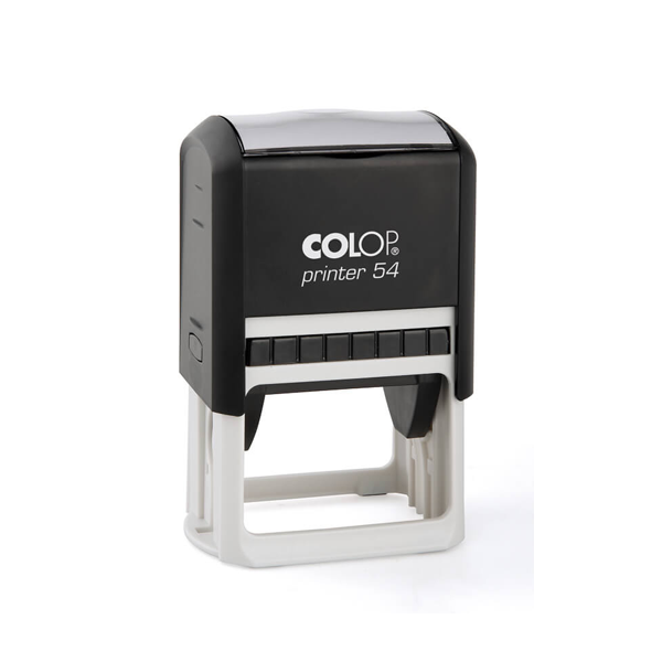Ștampilă autotușantă rectangulară Colop Printer 54 cu carcasă neagră, prezentată din profil pe un fundal curat de birou.