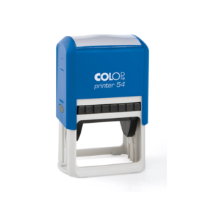 Ștampilă autotușantă rectangulară Colop Printer 54 cu carcasă albastră, prezentată din profil pe un fundal curat de birou.