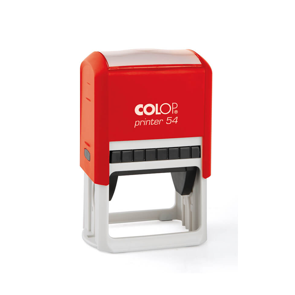 Ștampilă autotușantă rectangulară Colop Printer 54 cu carcasă rosie, prezentată din profil pe un fundal curat de birou.