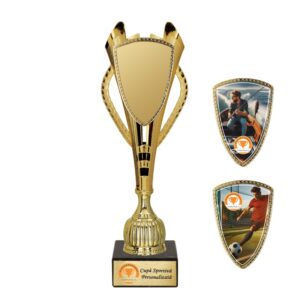 Cupa sportiva aurie M547 din plastic pe soclu din marmura cu exemple de scuturi personalizate UV