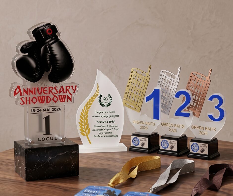 Trofee custom made din plexiglas, aluminiu, imprimate UV sau gravate laser