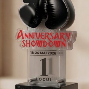 Trofeu premium personalizat de 47 cm înălțime, reprezentând două mănuși de box negre. Corpul este din plexiglas transparent de 10 mm imprimat UV, fixat cu distanțiere metalice de o placă din aluminiu debitată pe contur. Tot ansamblul este montat pe un soclu cubic masiv din marmură neagră cu venaturi albe, pe care scrie Anniversary Showdown Locul 1.