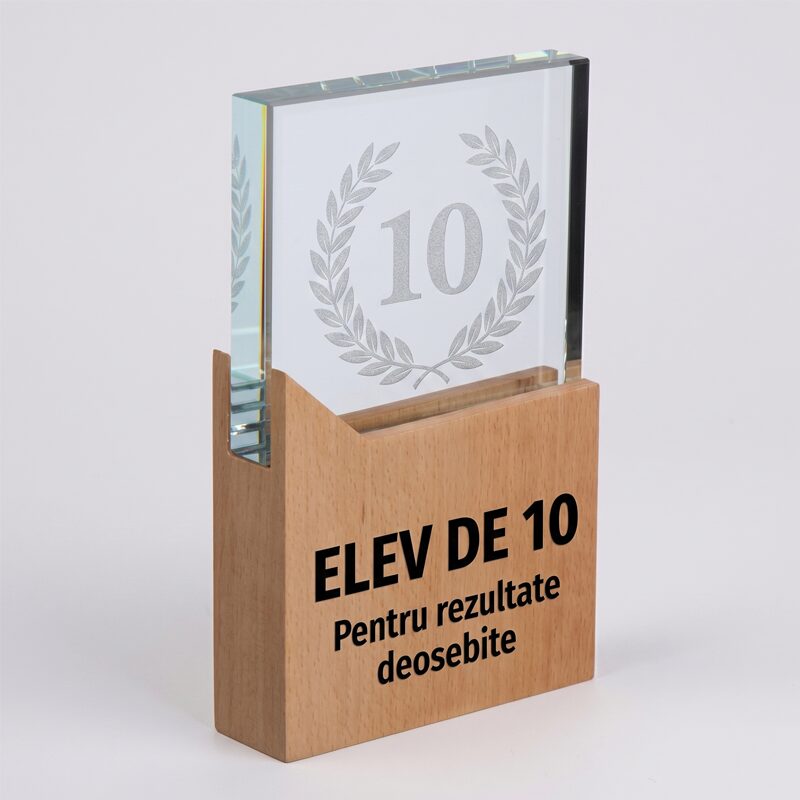 Baza din lemn a unui trofeu personalizată cu logo color prin tehnologie print UV policromie, cu text gravat pe sticlă.